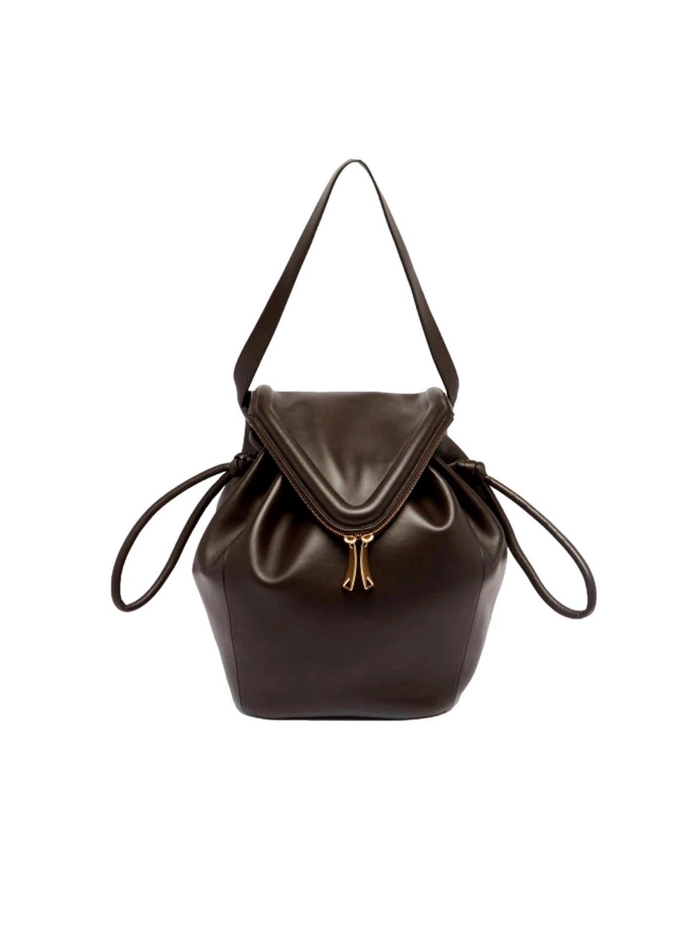 Bottega Veneta Dark Brown Leather Drawstring Shoulder Bag with Gold Hardware